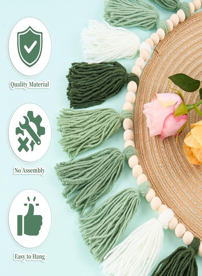 ARQRHTLY 3 Pcs Green Boho Yarn Tassel Garlands Sage Green Wall Hanging Decoration with Wood Beads Neutral Woodland Forest Party Tassel Banner for Nursery Classroom Room Dorm Birthday Baby Shower Deco - Image 2